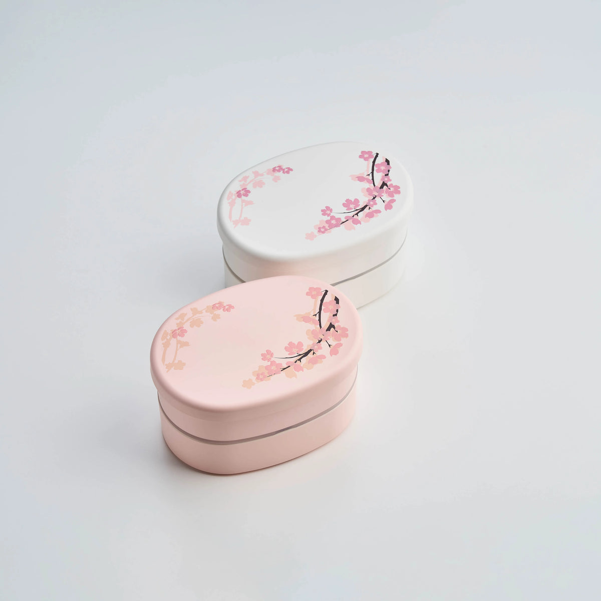 Sakura-patterned oval two-tier bento box, 560 mL