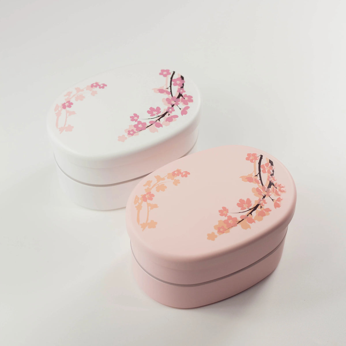 Sakura-patterned oval two-tier bento box, 560 mL