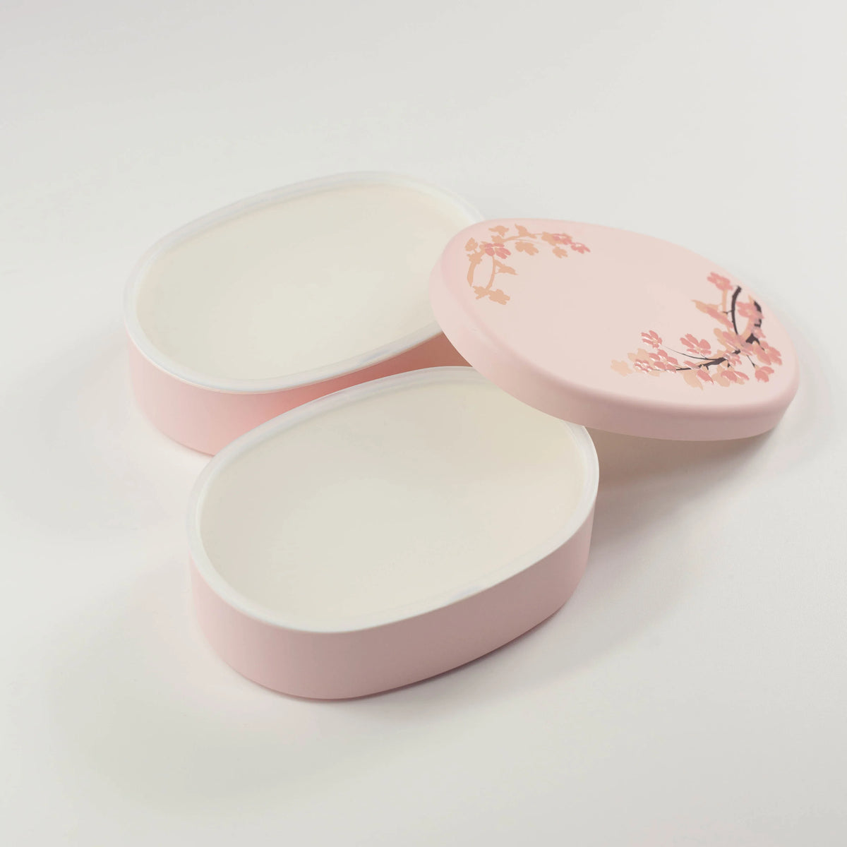 Sakura-patterned oval two-tier bento box, 560 mL