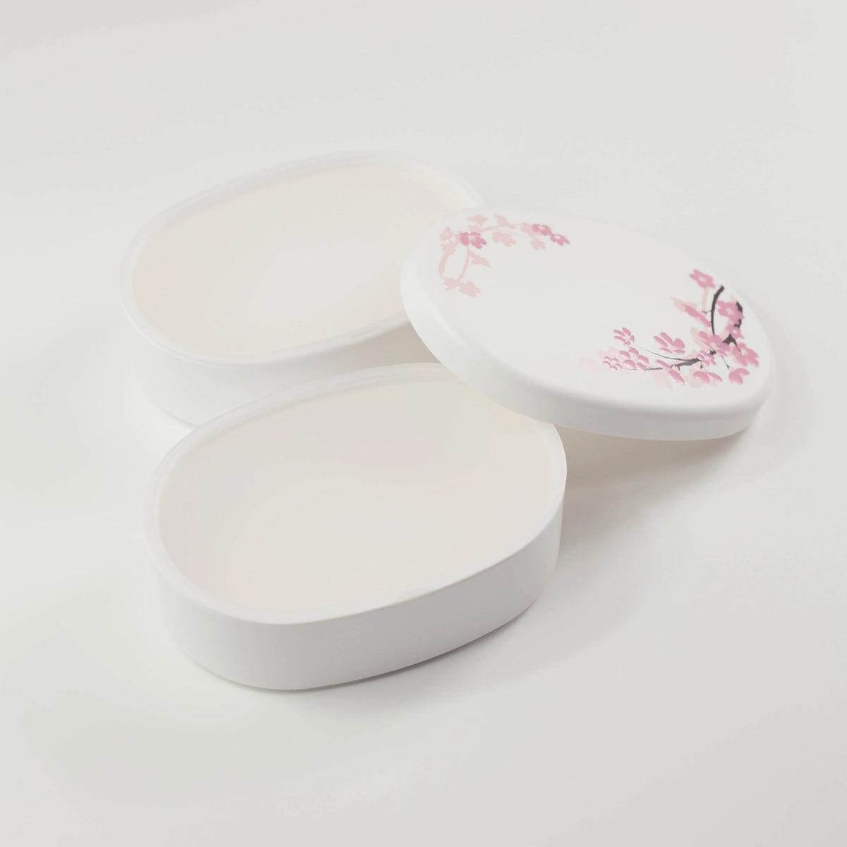 Sakura-patterned oval two-tier bento box, 560 mL