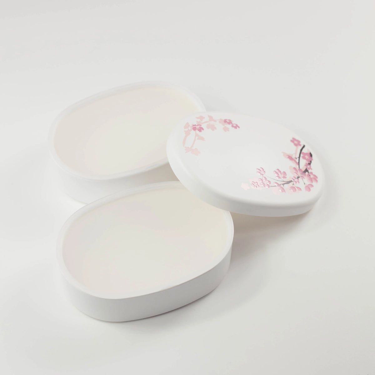 Sakura-patterned oval two-tier bento box, 560 mL