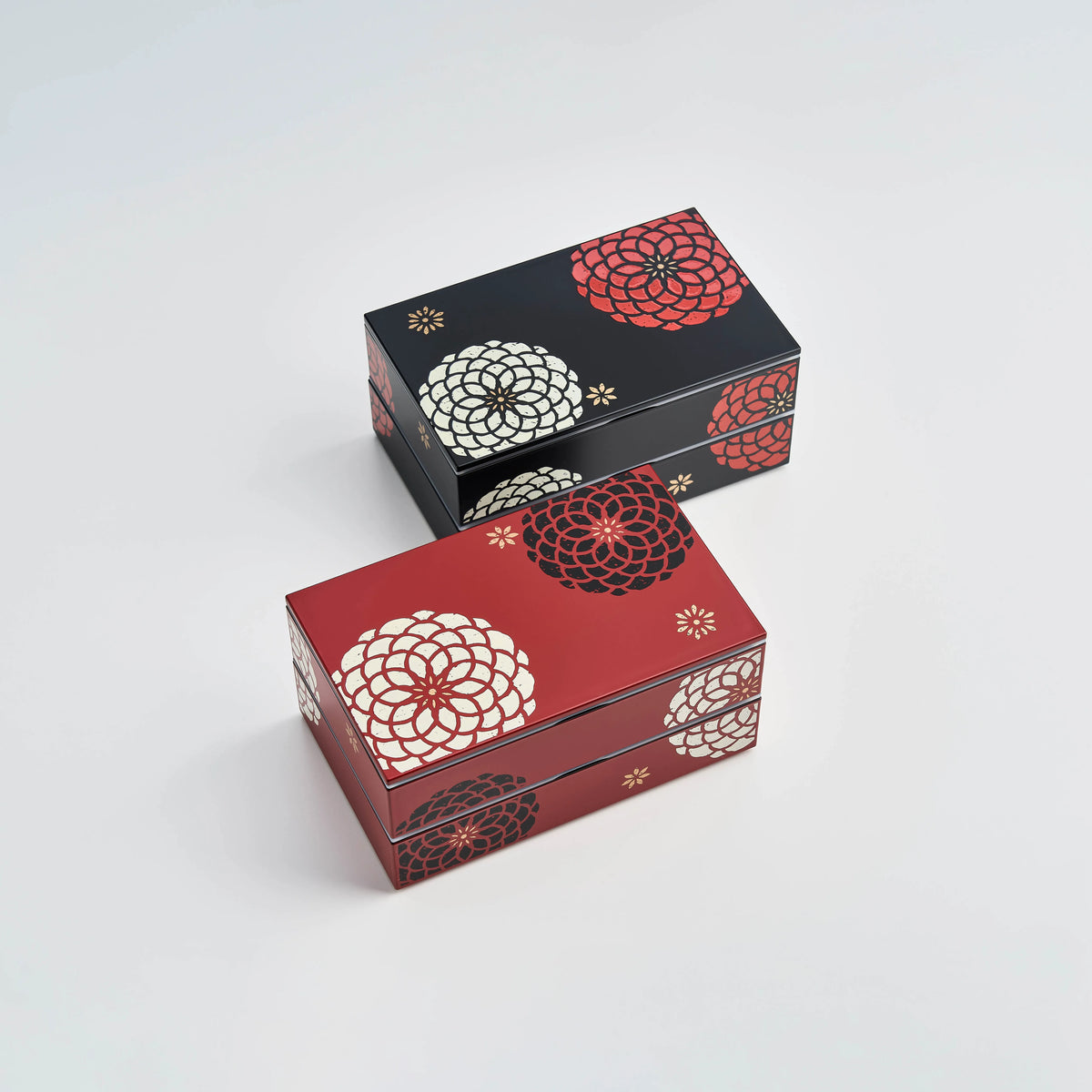 Ojyu Bento Box 900mL with hand-painted chrysanthemum pattern, available in red and black