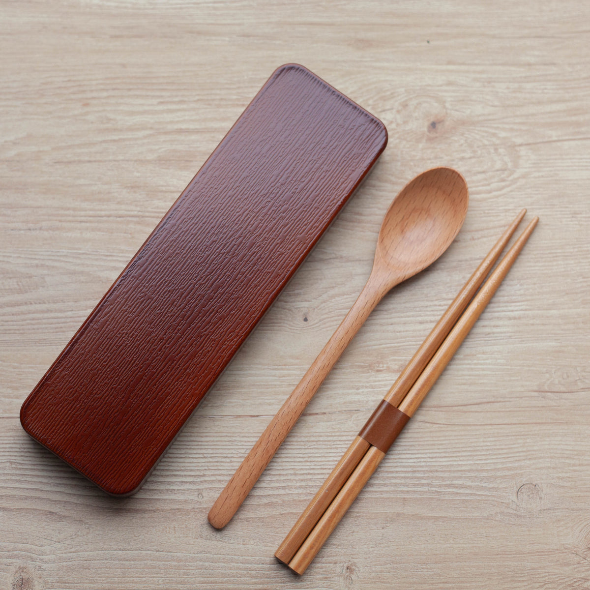 Wooden cutlery set light brown - chopsticks and spoon with BPA-free sliding case, made in Japan