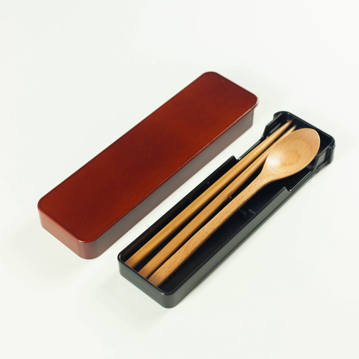 Wooden cutlery set light brown - chopsticks and spoon with BPA-free sliding case, made in Japan