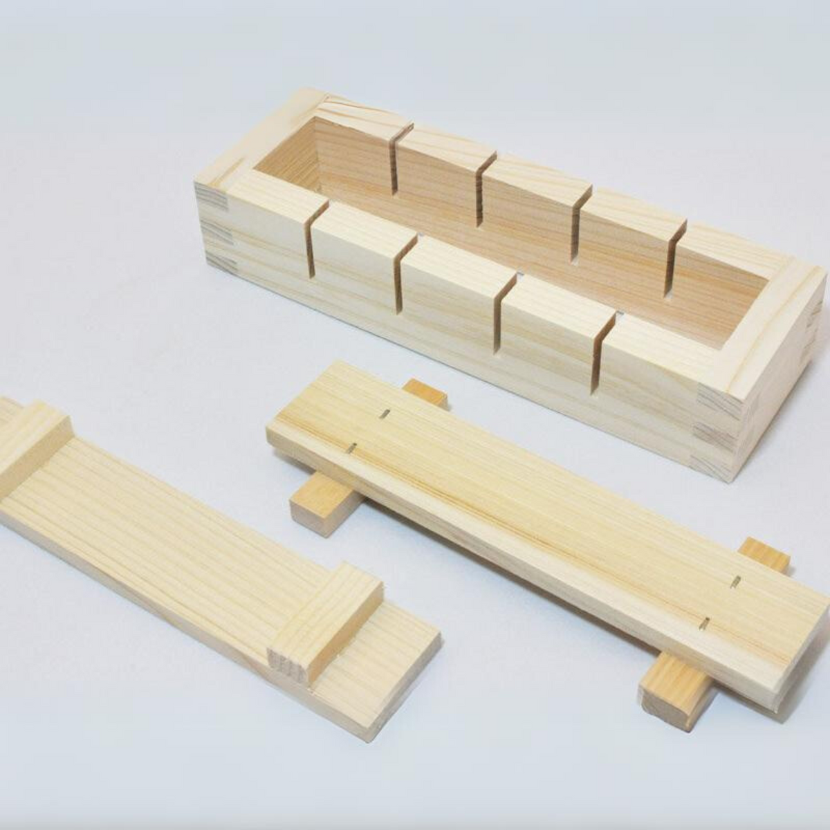 Hinoki Sushi Mold – Japanese cypress wood oshi-zushi press mold with dividers for making perfectly shaped pressed sushi pieces, natural wood finish, made in Japan