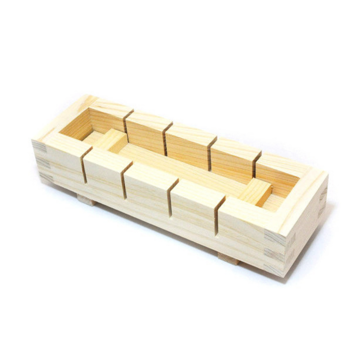 Hinoki Sushi Mold – Japanese cypress wood oshi-zushi press mold with dividers for making perfectly shaped pressed sushi pieces, natural wood finish, made in Japan