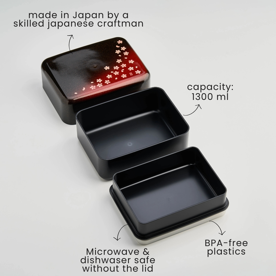 Bento&co sakura petals big bento box 1300mL, two-tier red and black, hand painted in Ishikawa Japan