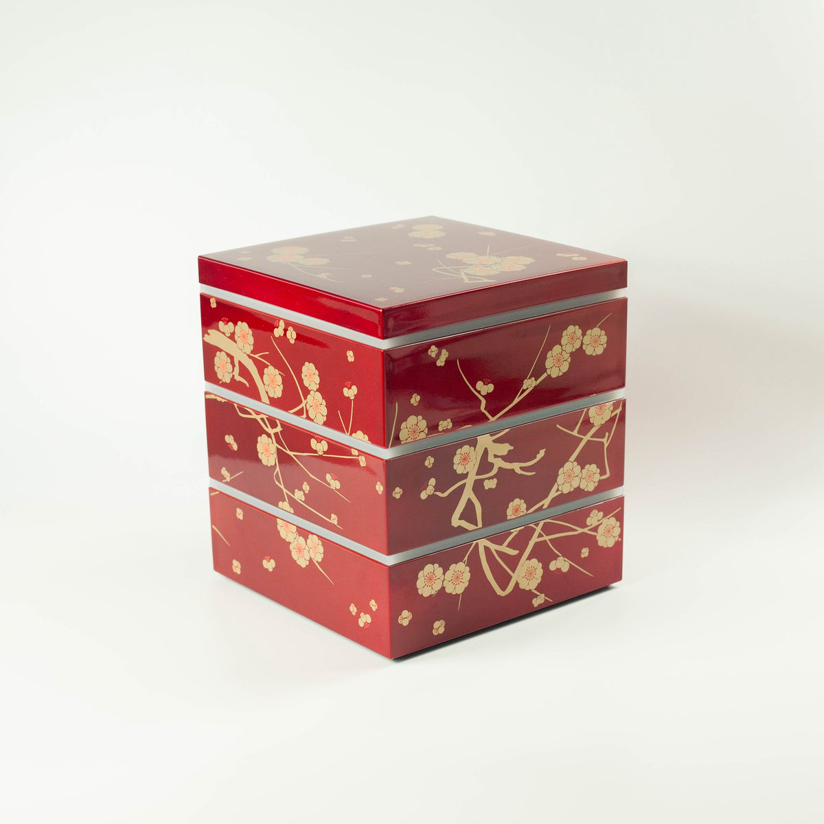 Showa ume red plum three-tier square bento box 2280mL, lacquer-style finish, made in Japan