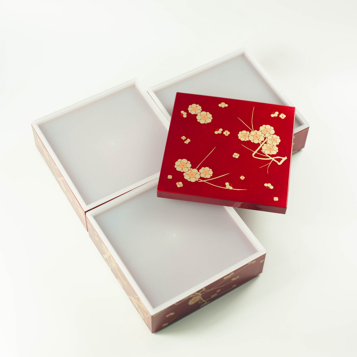 Showa ume red plum three-tier square bento box 2280mL, lacquer-style finish, made in Japan