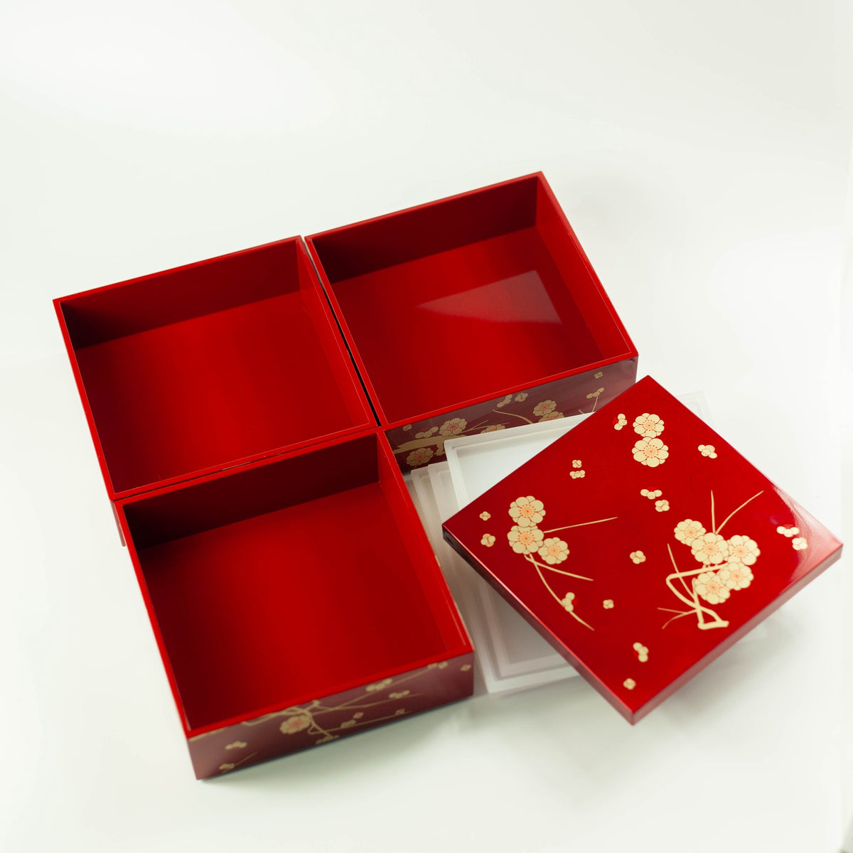 Showa ume red plum three-tier square bento box 2280mL, lacquer-style finish, made in Japan