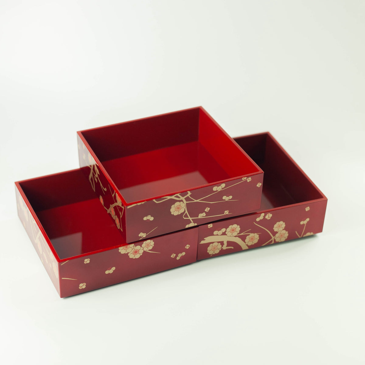 Showa ume red plum three-tier square bento box 2280mL, lacquer-style finish, made in Japan