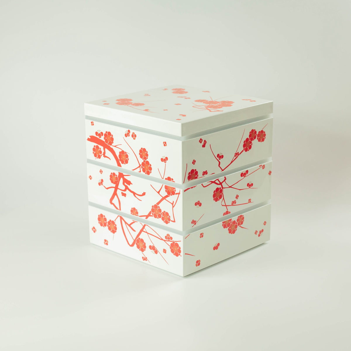 Showa ume white plum three-tier square bento box 2280mL, lacquer-style finish, made in Japan