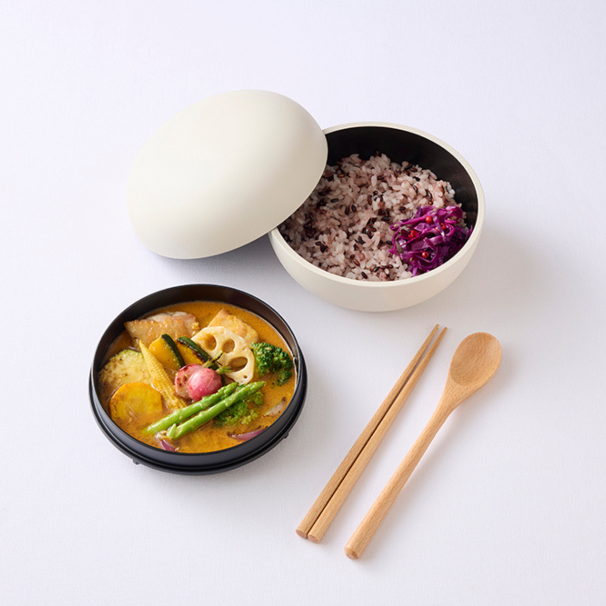 Mayu Don Bento Box, round two-tier Japanese lunch box with lunch band