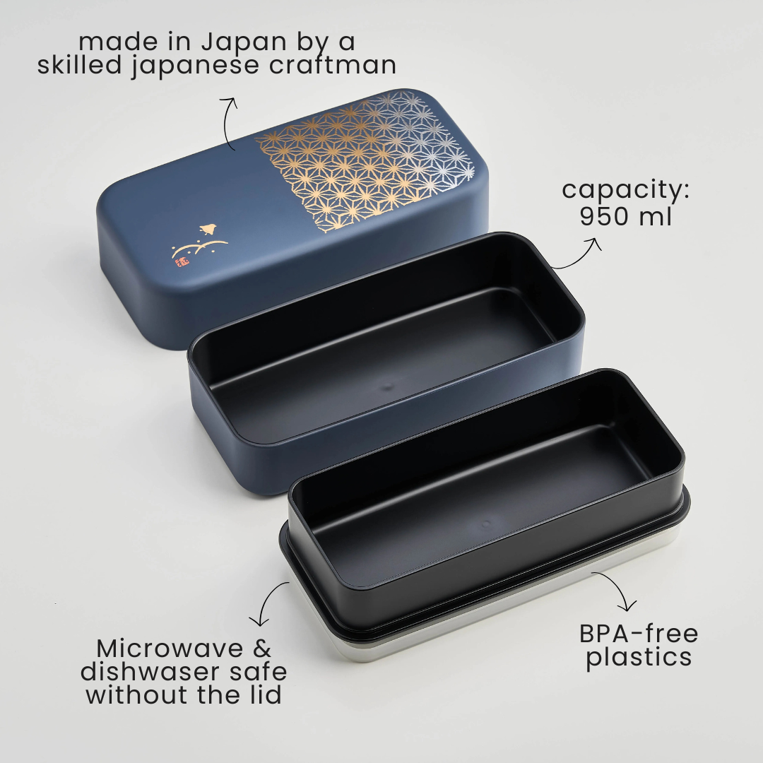 Asanoha Bento Box in matte grayish blue with traditional Japanese hemp leaf pattern