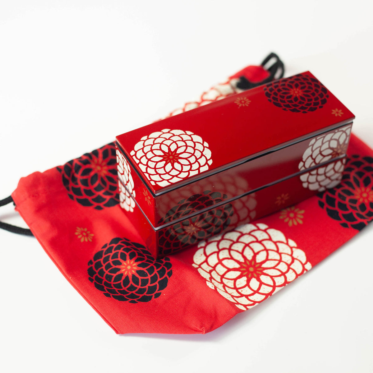 Ojyu Bento Bag with chrysanthemum pattern, available in red and black