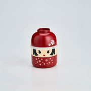 Kokeshi Bento Box Hanako in red with sakura cherry blossom pattern, closed view