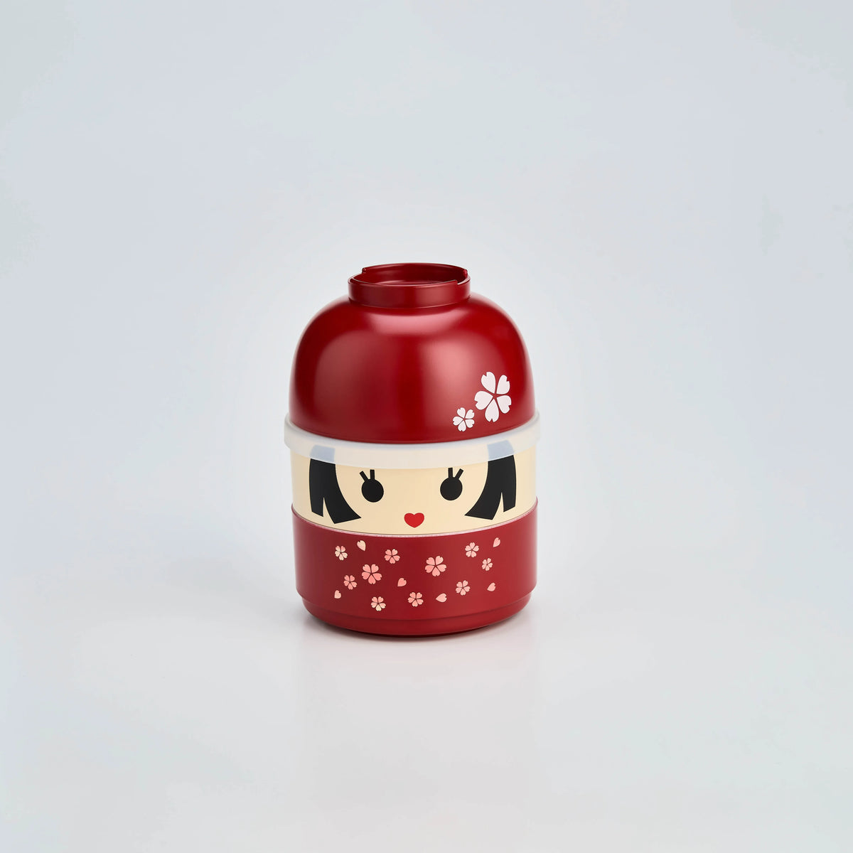 Kokeshi Bento Box Hanako in red with sakura cherry blossom pattern, closed view