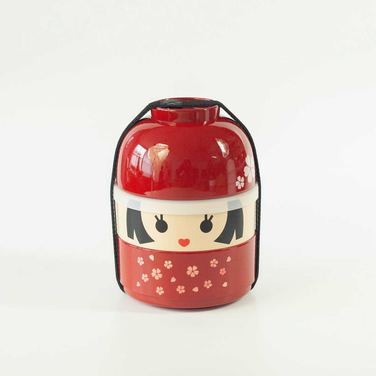 Kokeshi Bento Box Hanako in red with sakura cherry blossom pattern, closed view