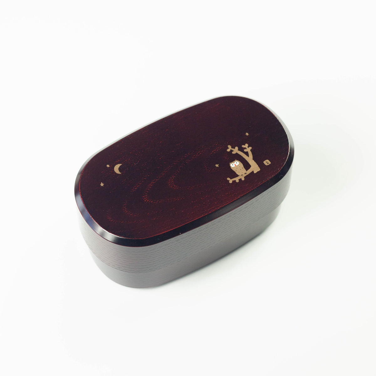 Fukuro Bento Box in Dark Brown woodgrain with owl design, 900ml 2-tier, made in Japan