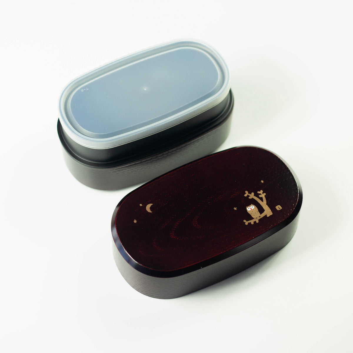 Fukuro Bento Box in lDark Brown woodgrain with owl design, 900ml 2-tier, made in Japan Inside