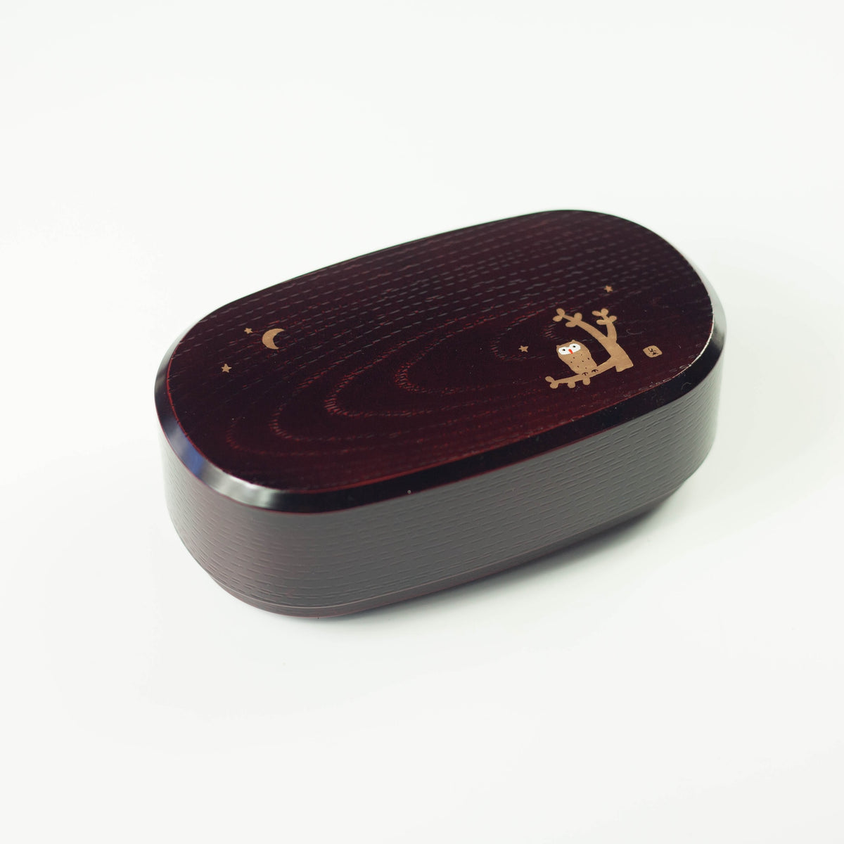 Fukuro Bento Box in Dark Brown woodgrain with owl design, 900ml 2-tier, made in Japan