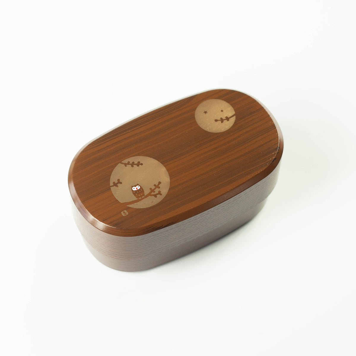 Fukuro Bento Box in light brown woodgrain with owl design, 900ml 2-tier, made in Japan