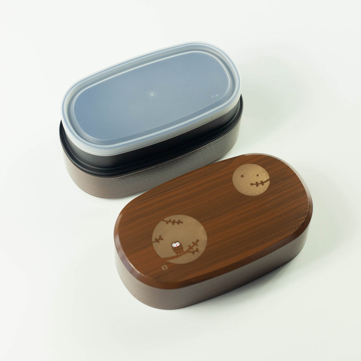 Fukuro Bento Box in light brown and Dark Brown woodgrain with owl design, 900ml 2-tier, made in Japan inside
