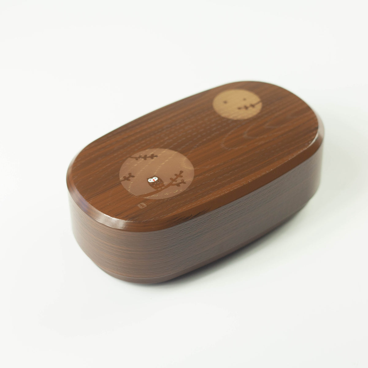 Fukuro Bento Box in light brown woodgrain with owl design, 900ml 2-tier, made in Japan