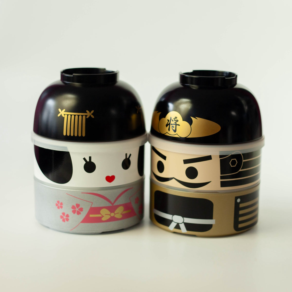 Big Kokeshi Bento Box Maihime and Busho with silver kimono and sakura accents