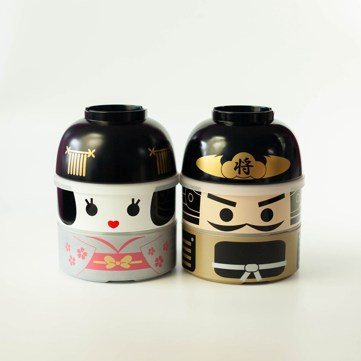 Big Kokeshi Bento Box Maihime and Busho with silver kimono and sakura accents