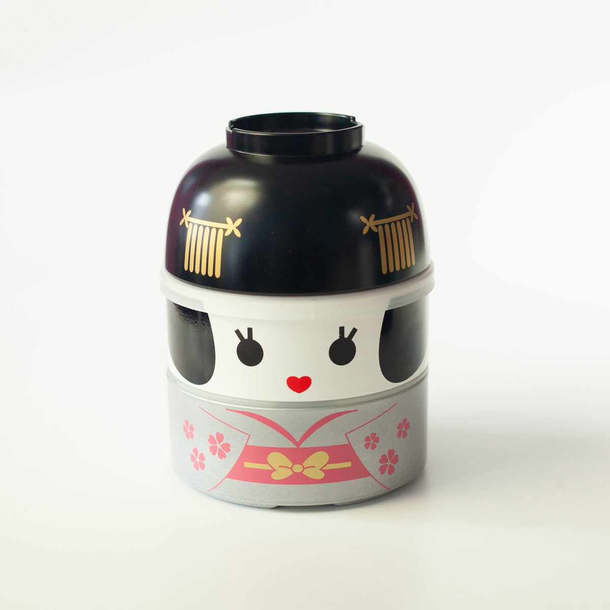 Big Kokeshi Bento Box Maihime with silver kimono and sakura accents