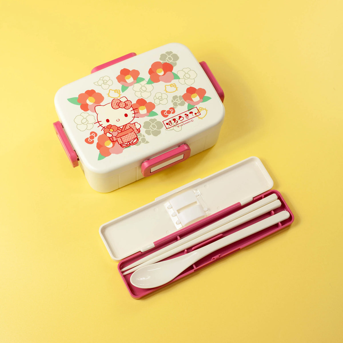 Hello Kitty Wafu cutlery set with chopsticks, spoon and floral carrying case
