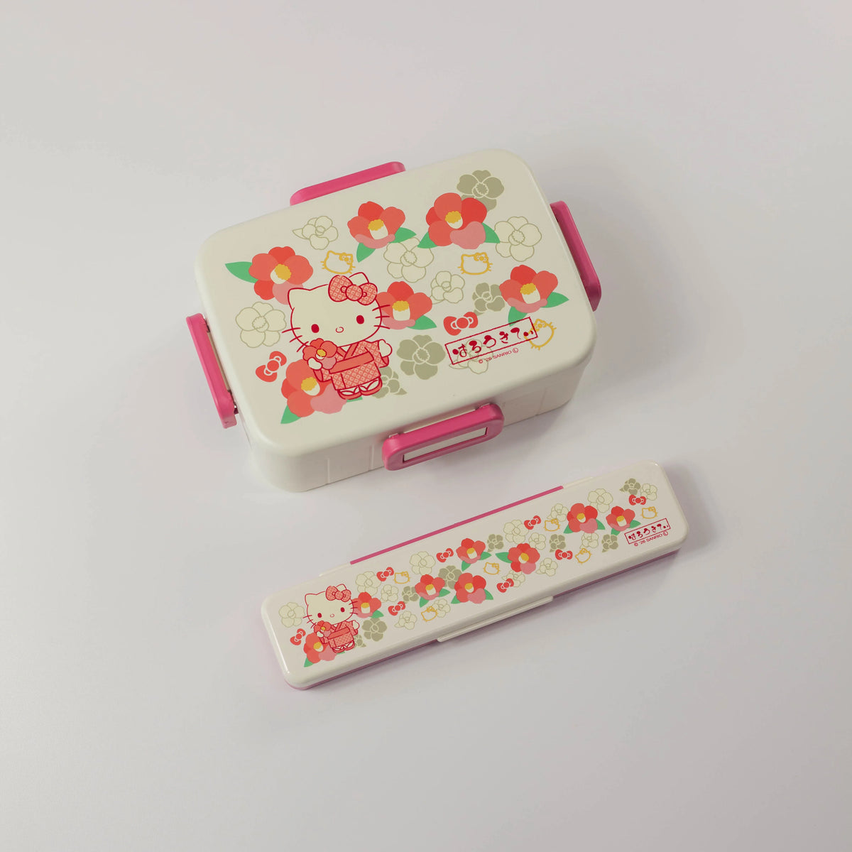 Hello Kitty Wafu cutlery set with chopsticks, spoon and floral carrying case