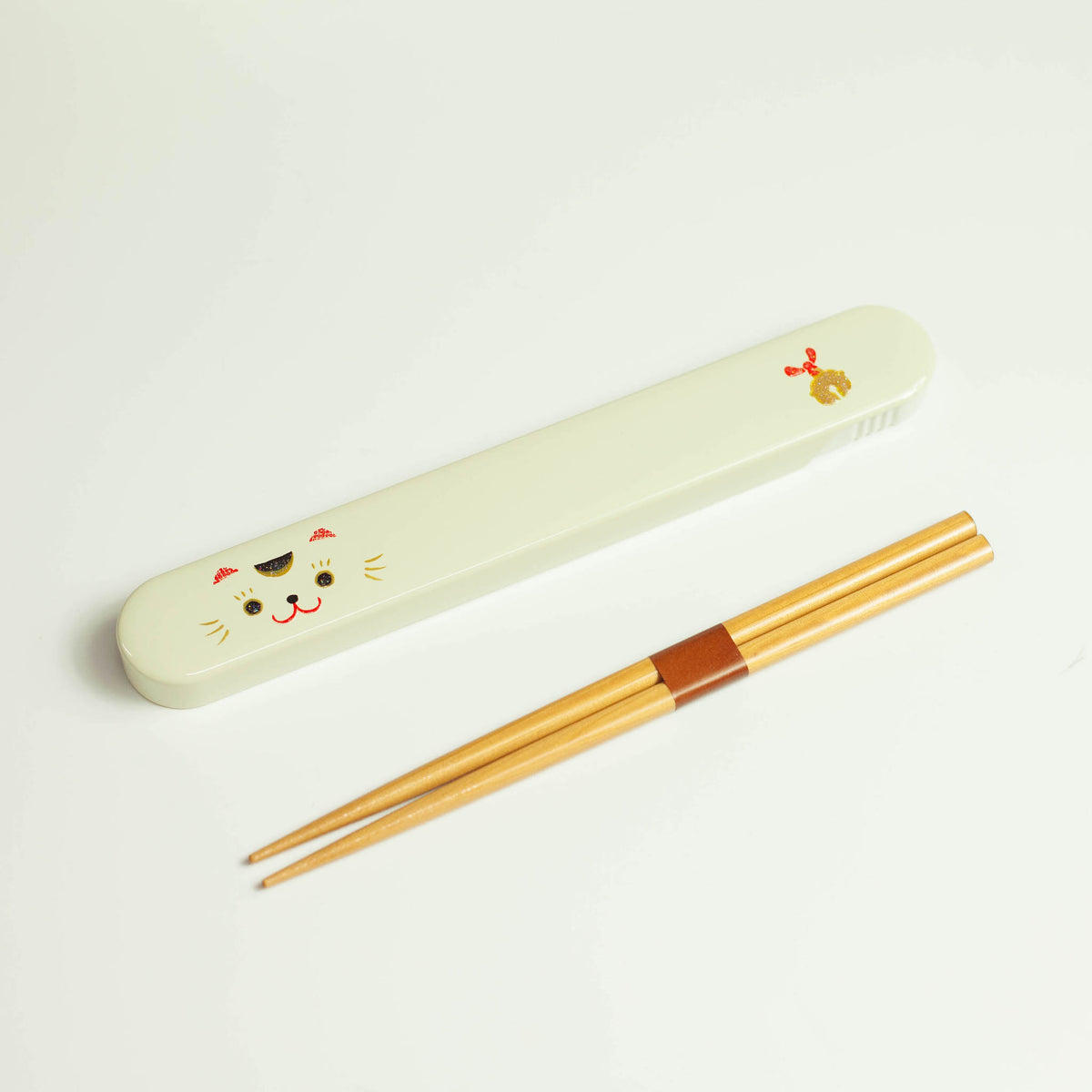 Kao Neko white cat chopsticks set with sliding case - 18cm wooden chopsticks, made in Japan