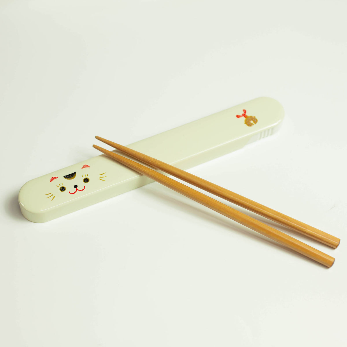 Kao Neko white cat chopsticks set with sliding case - 18cm wooden chopsticks, made in Japan