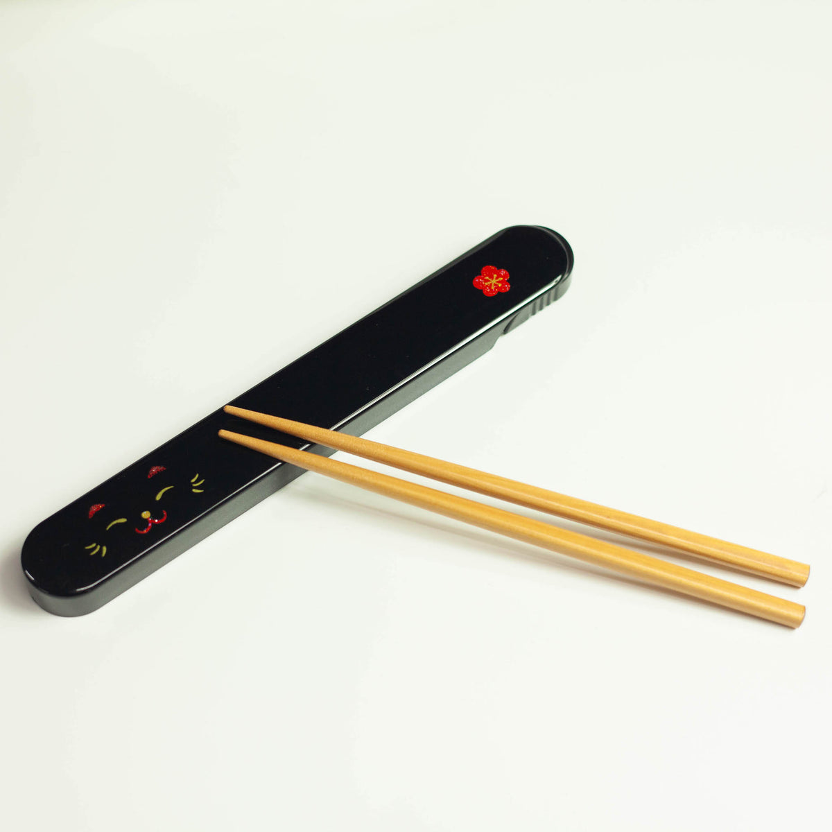 Hakoya Kao Neko black cat chopsticks set with case, wooden chopsticks 18cm, made in Japan