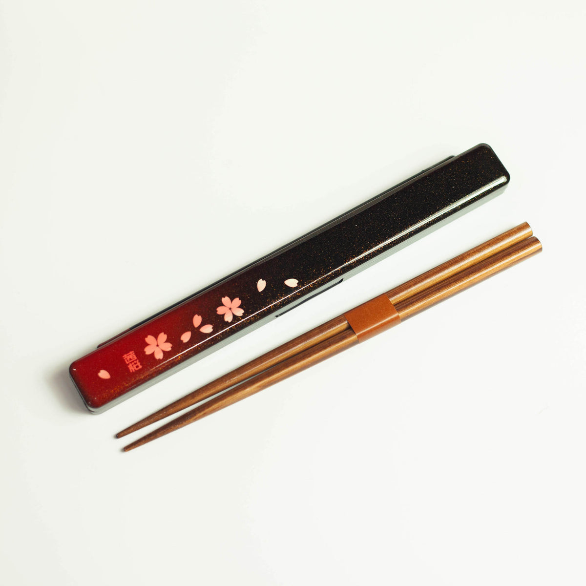 Sakura Petals chopsticks set with matching case, red and black Japanese design