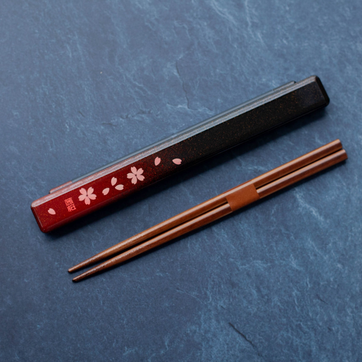 Sakura Petals chopsticks set with matching case, red and black Japanese design