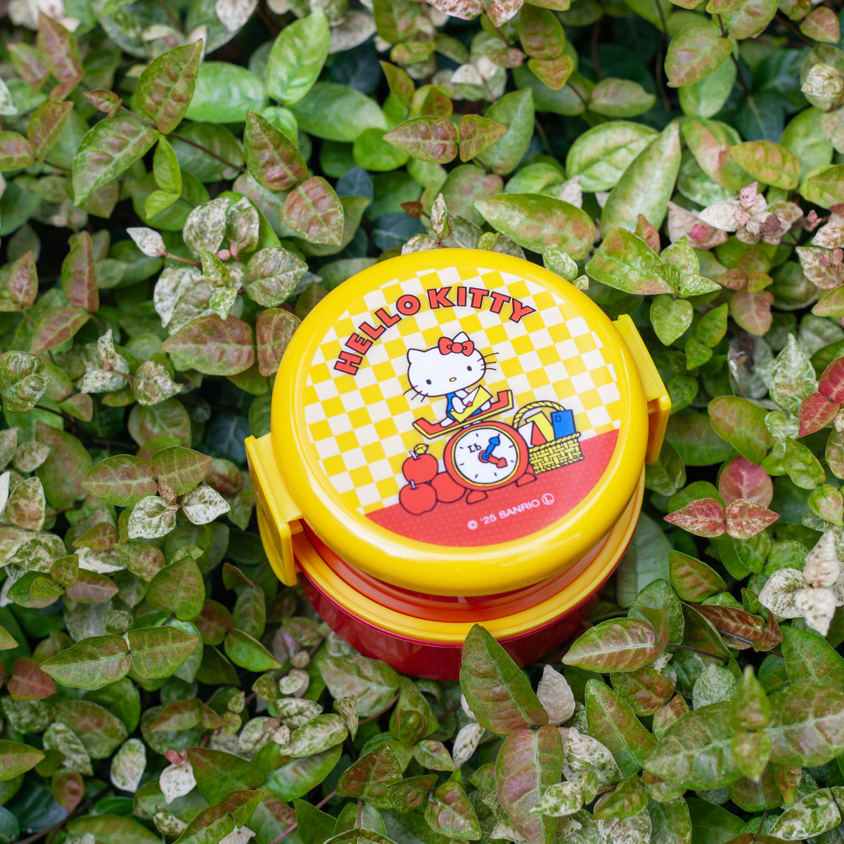 Hello Kitty retro 500 ml two-tier round bento box with yellow checkered lid
