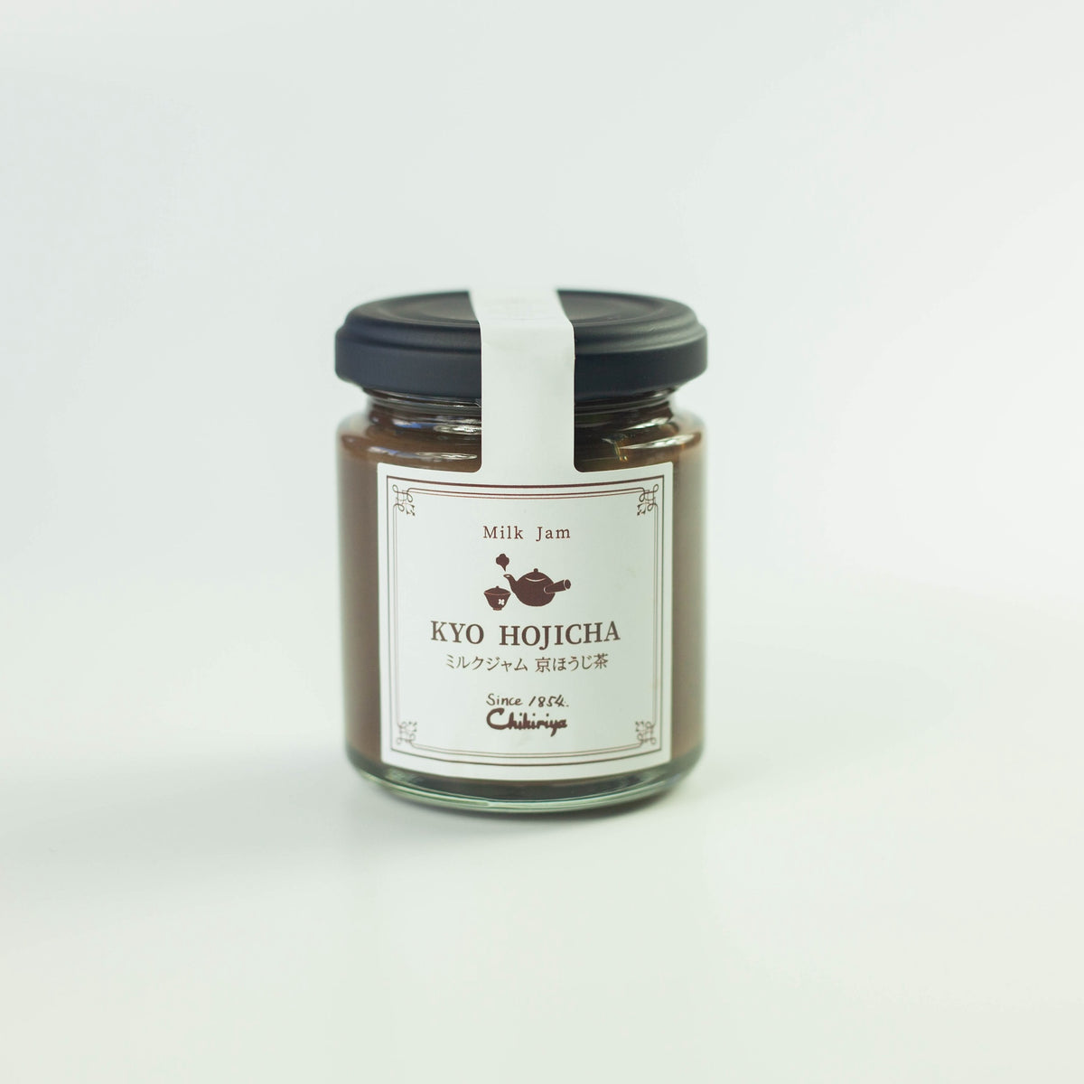 Chikiriya Kyo Hojicha Milk Jam 110g – glass jar with black lid and white label reading "Milk Jam Kyo Hojicha" in English and Japanese, on white background