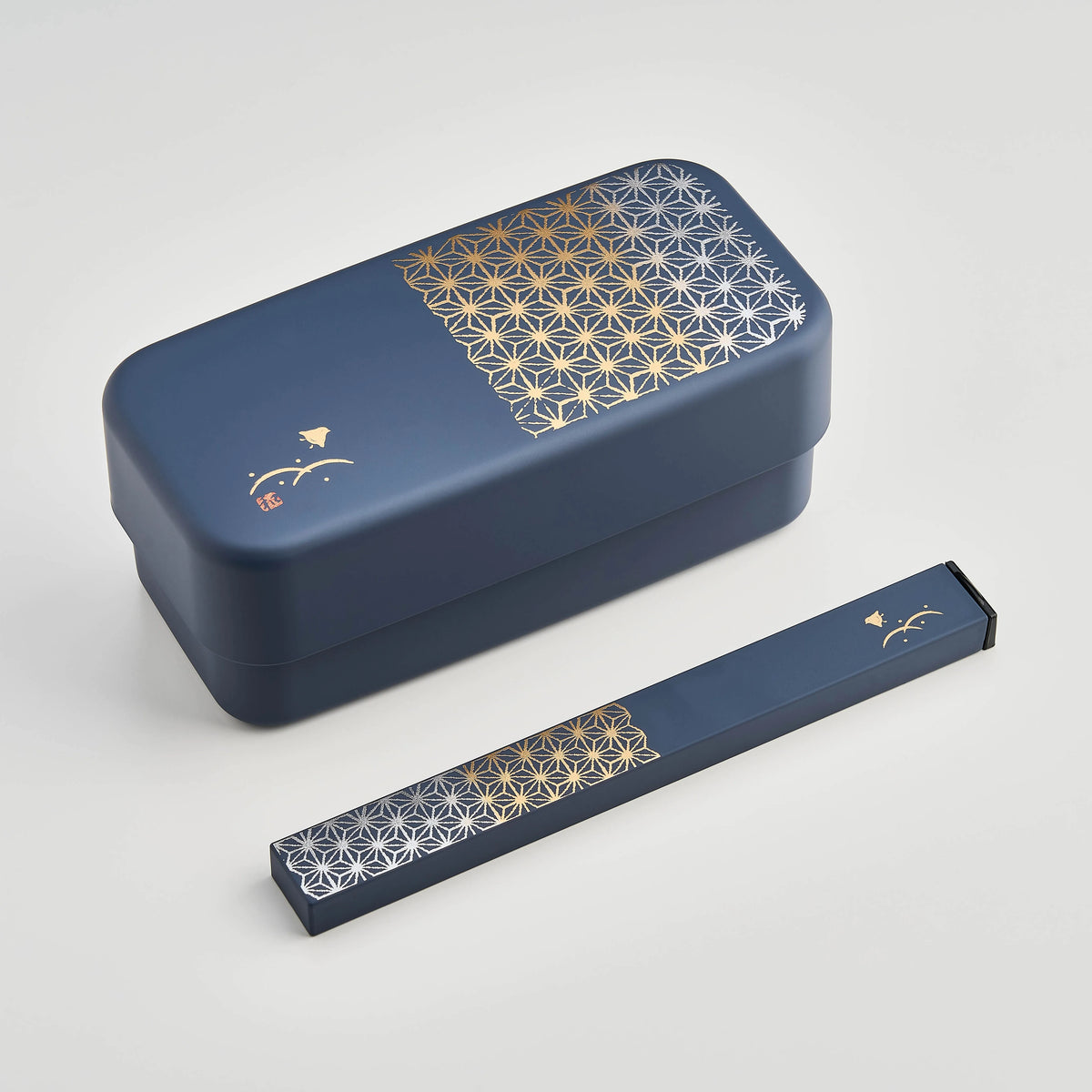 Asanoha Chopsticks Set with slate blue slide-style case and gold hemp leaf pattern