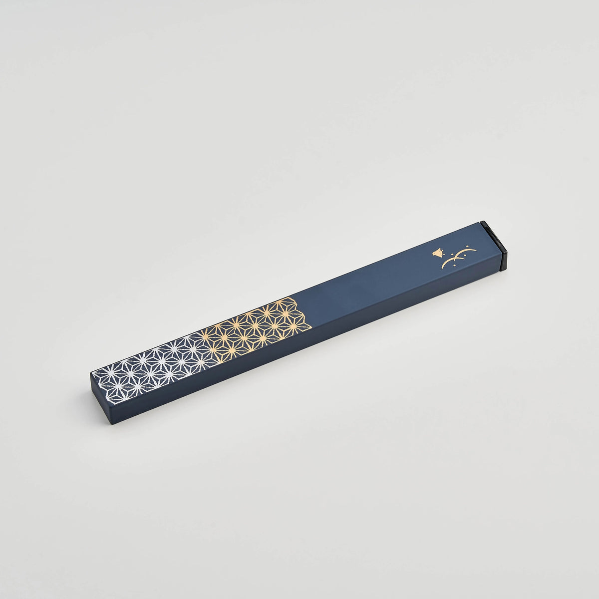 Asanoha Chopsticks Set with slate blue slide-style case and gold hemp leaf pattern