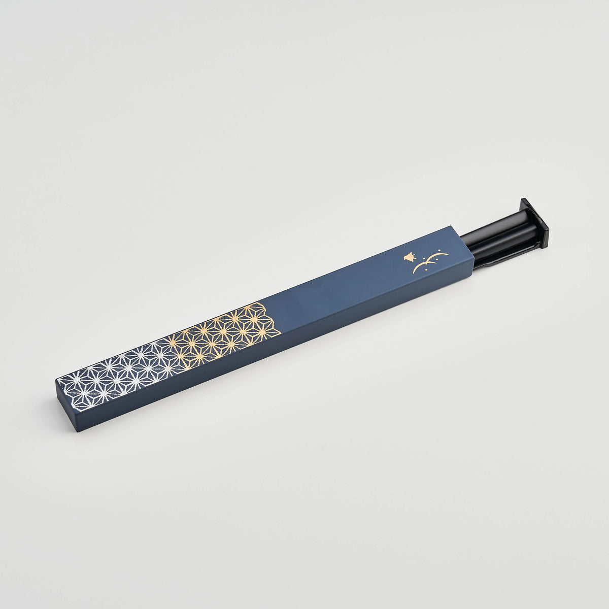 Asanoha Chopsticks Set with slate blue slide-style case and gold hemp leaf pattern