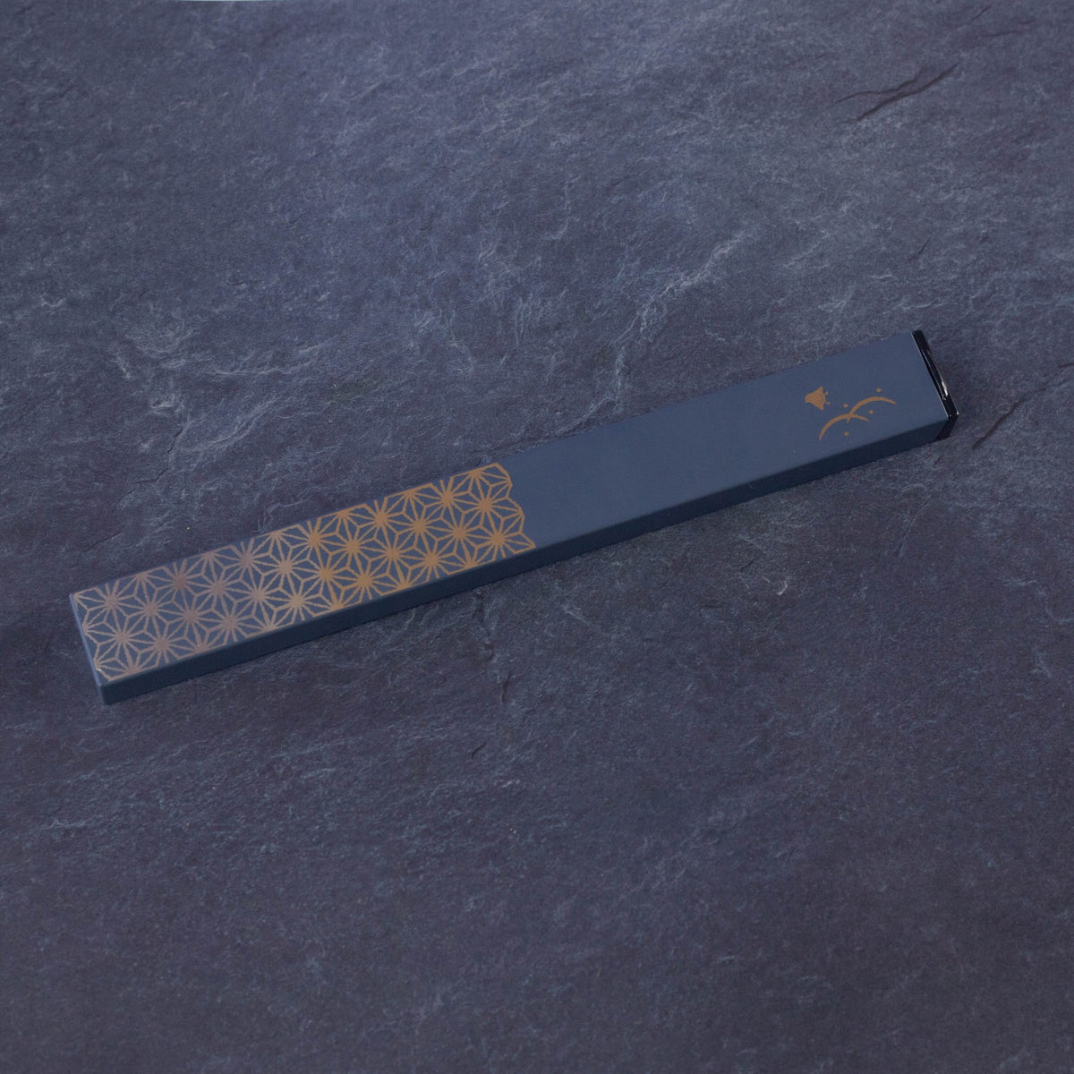 Asanoha Chopsticks Set with slate blue slide-style case and gold hemp leaf pattern