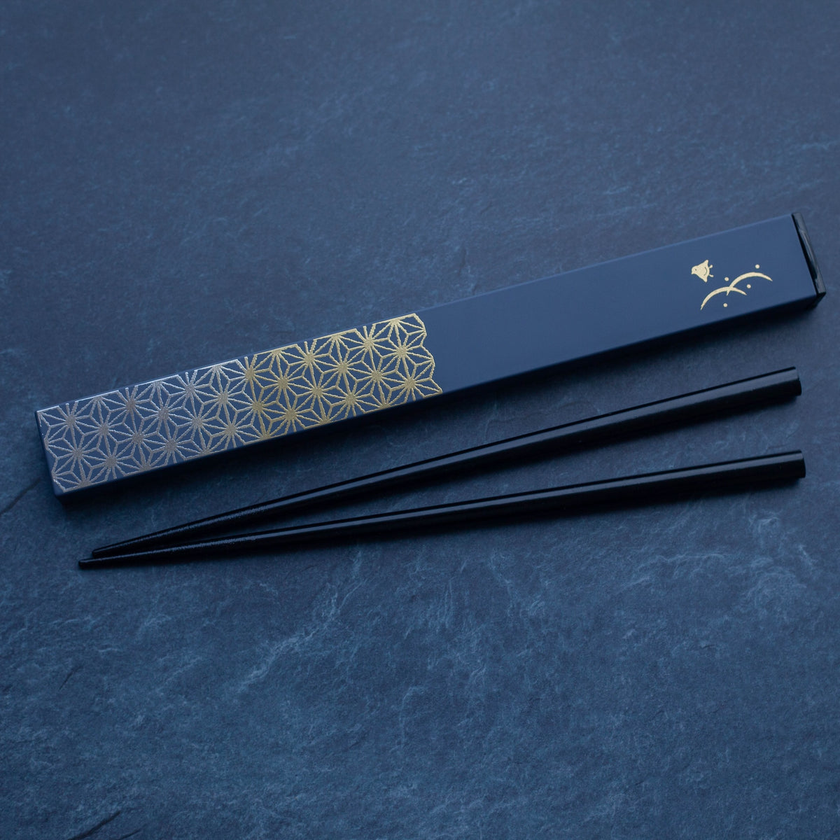 Asanoha Chopsticks Set with slate blue slide-style case and gold hemp leaf pattern