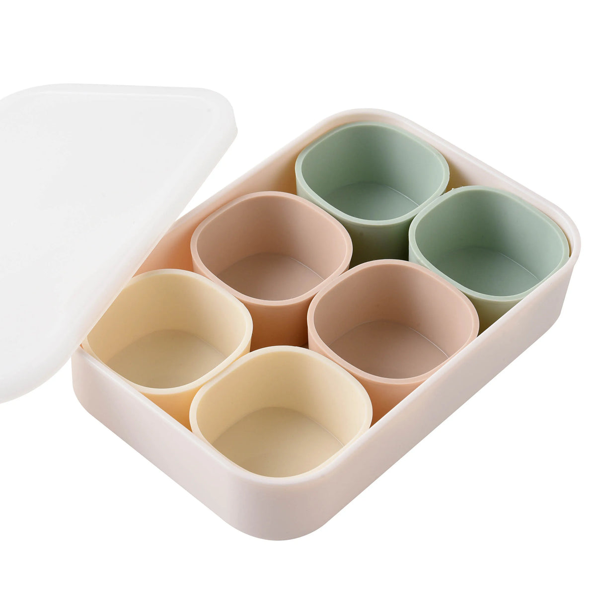 Marumi Silicone Cup Set Round with lid open – 6 round silicone cups in mint, pink, and yellow arranged in white tray, white background
