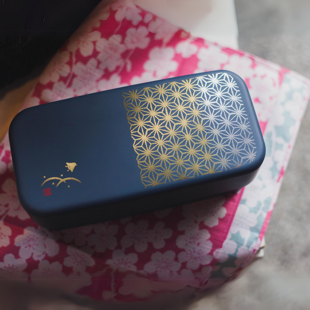 Asanoha Bento Box in matte grayish blue with traditional Japanese hemp leaf pattern