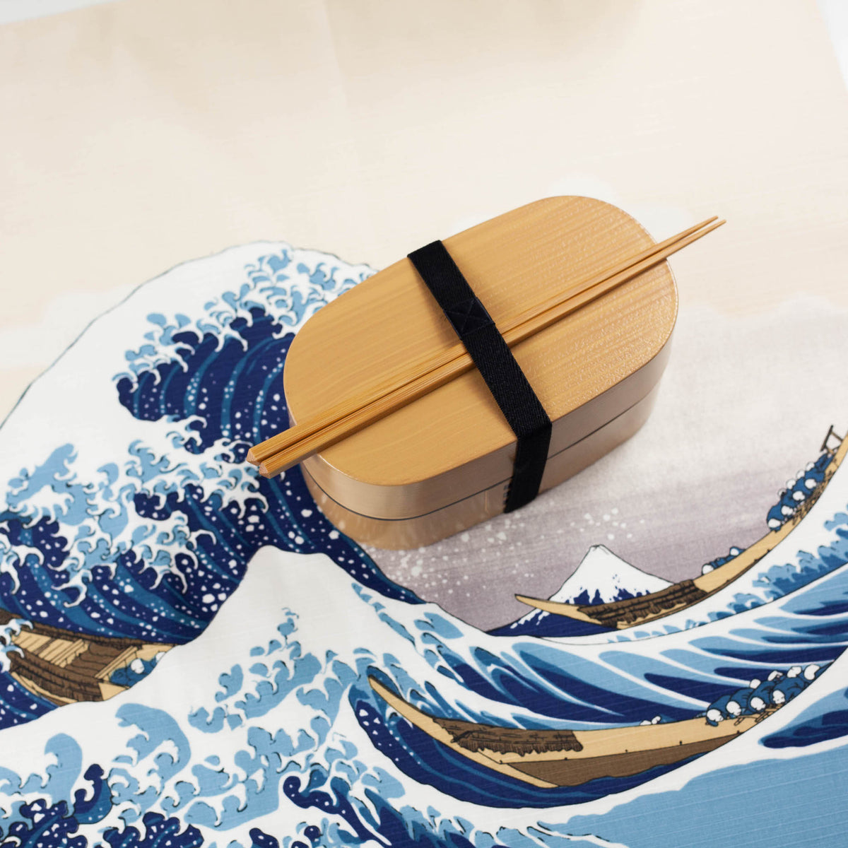 Sumidagawa Furoshiki 48cm The Great Wave – Japanese wrapping cloth featuring Hokusai's iconic "The Great Wave off Kanagawa" woodblock print with Mount Fuji in the background, made in Japan