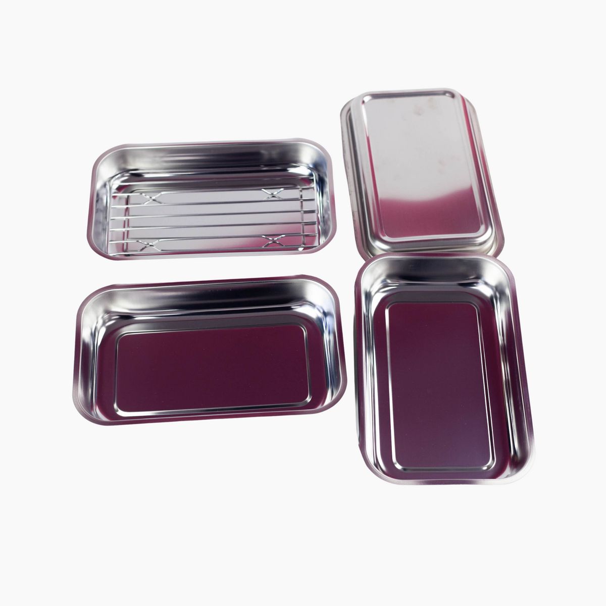 Compact Vat Set – top-down view of all four pieces: two trays, one wire rack, and one lid on white background