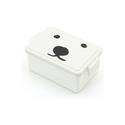 Gel-Cooma Bento Box Medium 400ml closed on white background – white rectangular single-tier bento box with side clips and a cute black bear face with dot eyes and round nose printed on the lid
